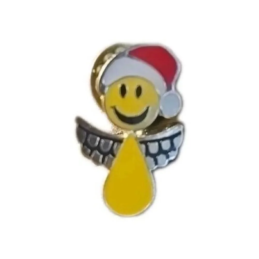 Happy Face Angel in Santa Hat Lapel Pin Yellow Face & Body, Gold Color Wings